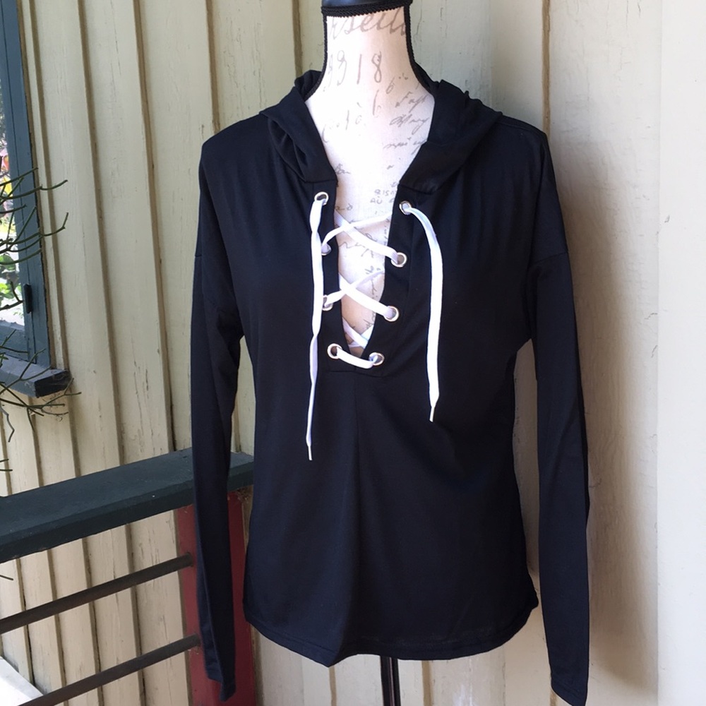 New! Black Lace-Up Top with Hoodie - Picture 2 of 3